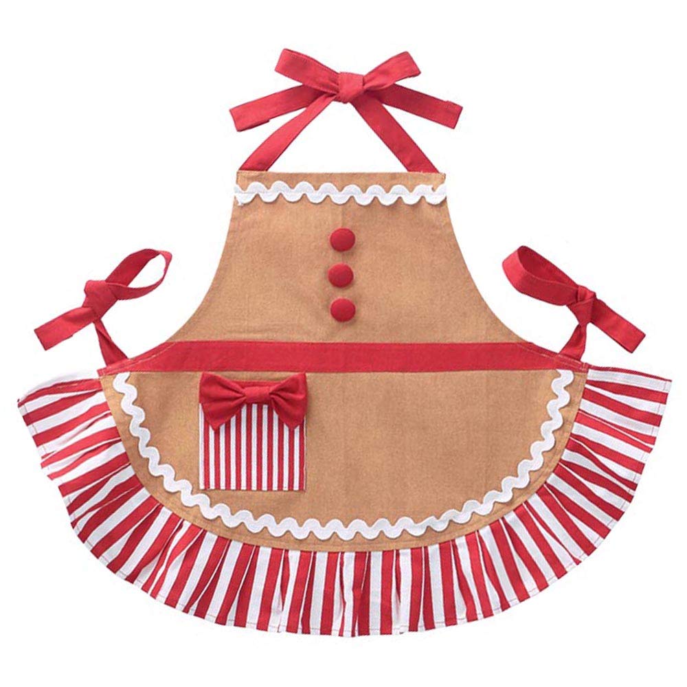 burton+BURTON children's festive gingerbread apron with red striped pocket, ideal for holiday baking and crafts.