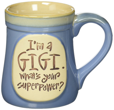 Burton+BURTON I'm A Gigi What's Your Superpower mug, front view, adds daily motivation and dishwasher-safe convenience
