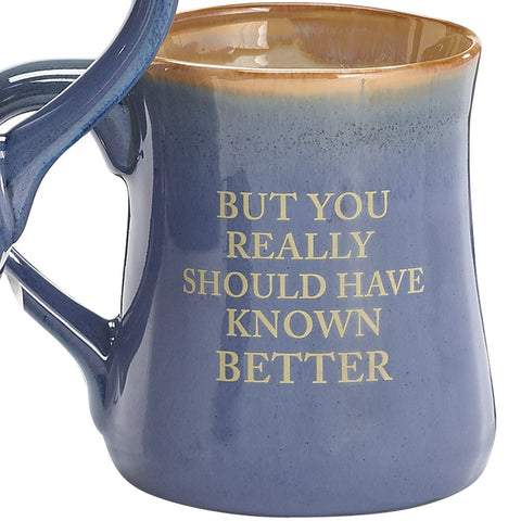 Burton+BURTON coffee mug back message in blue; fun desk accessory and daily use.