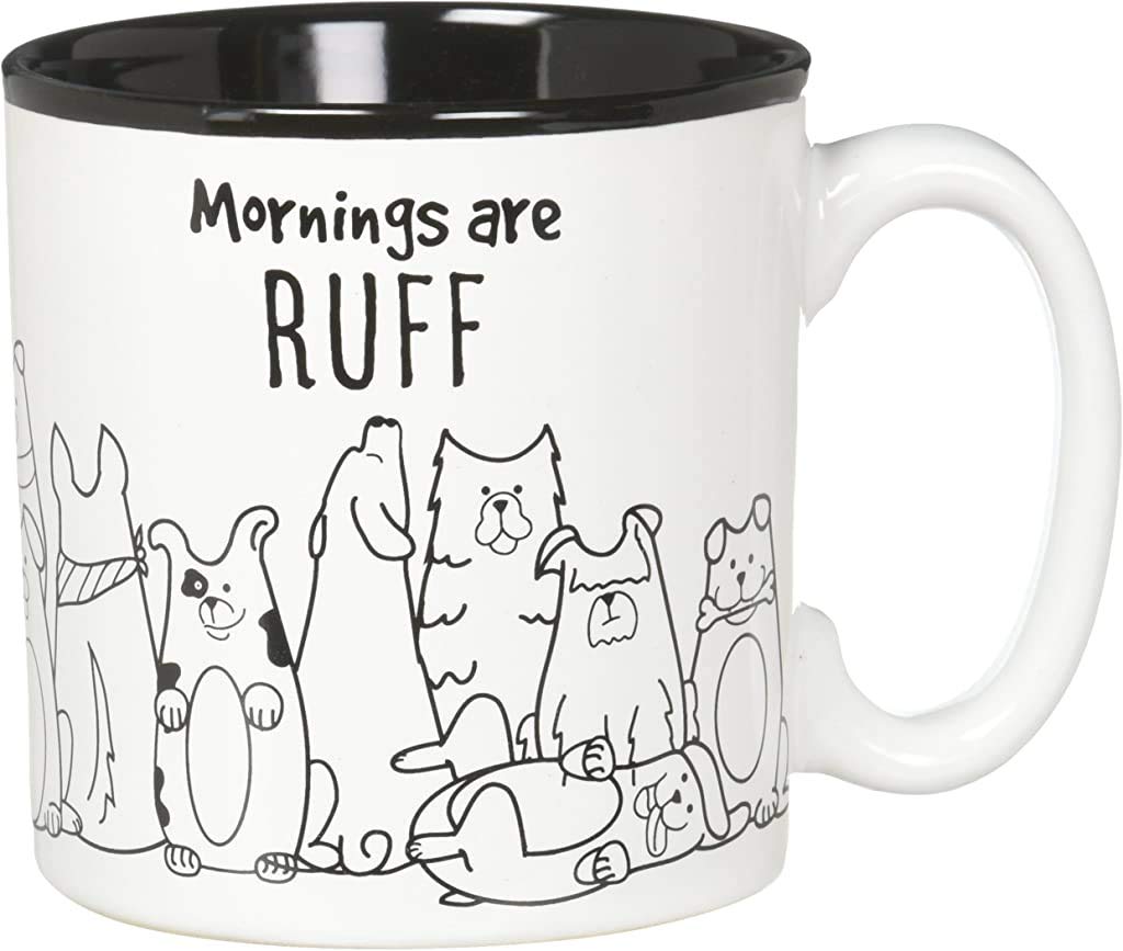 Burton+BURTON Mornings Are Ruff mug closeup with dog decals and bold text for cozy mornings.