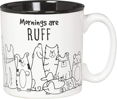 Burton+BURTON Mornings Are Ruff mug closeup with dog decals and bold text for cozy mornings.
