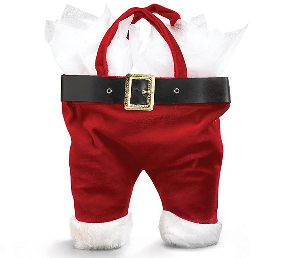 Burton & Burton Santa Pants velveteen bag ready for gifting wine.