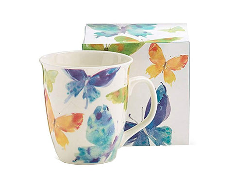 Burton+BURTON Watercolor Butterflies porcelain mug showcases vibrant butterflies, ideal for coffee or tea.