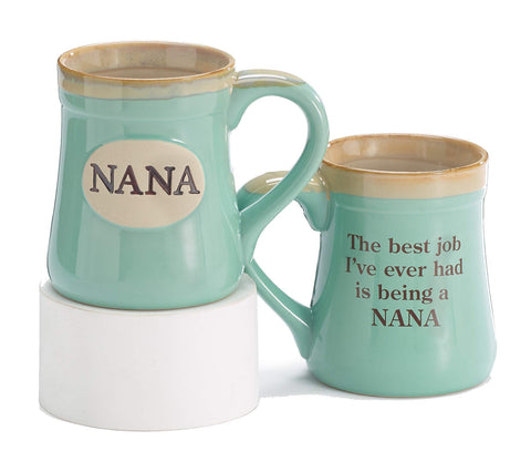 Close-up of Burton Nana Best Job Ever porcelain mug glaze and handle for everyday use.