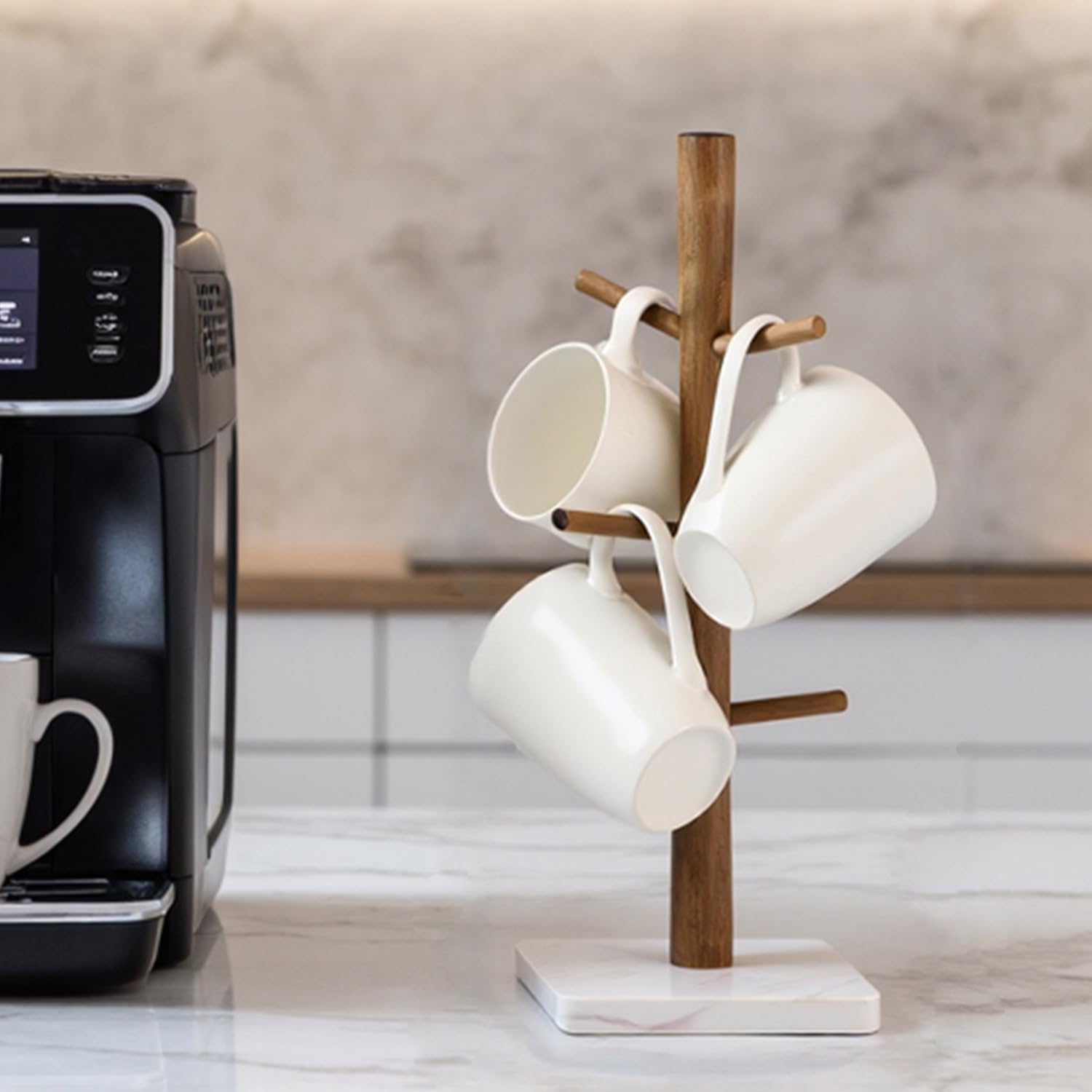 Buruis mug tree on countertop with acacia wood branches for organization