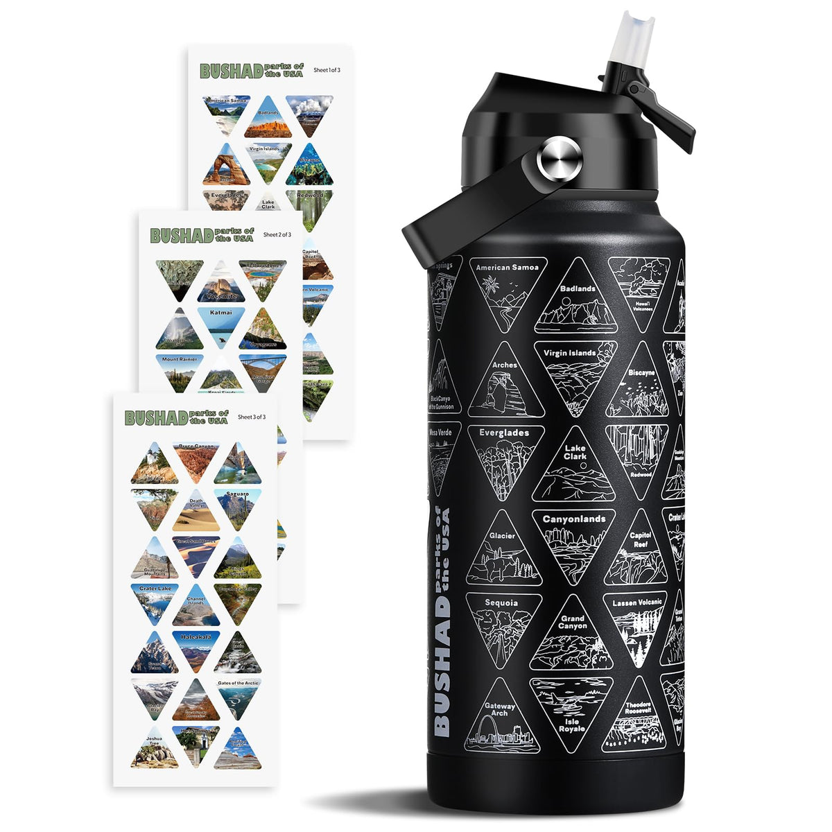 BUSHAD 32oz National Parks bottle with wide mouth, ideal for long hikes