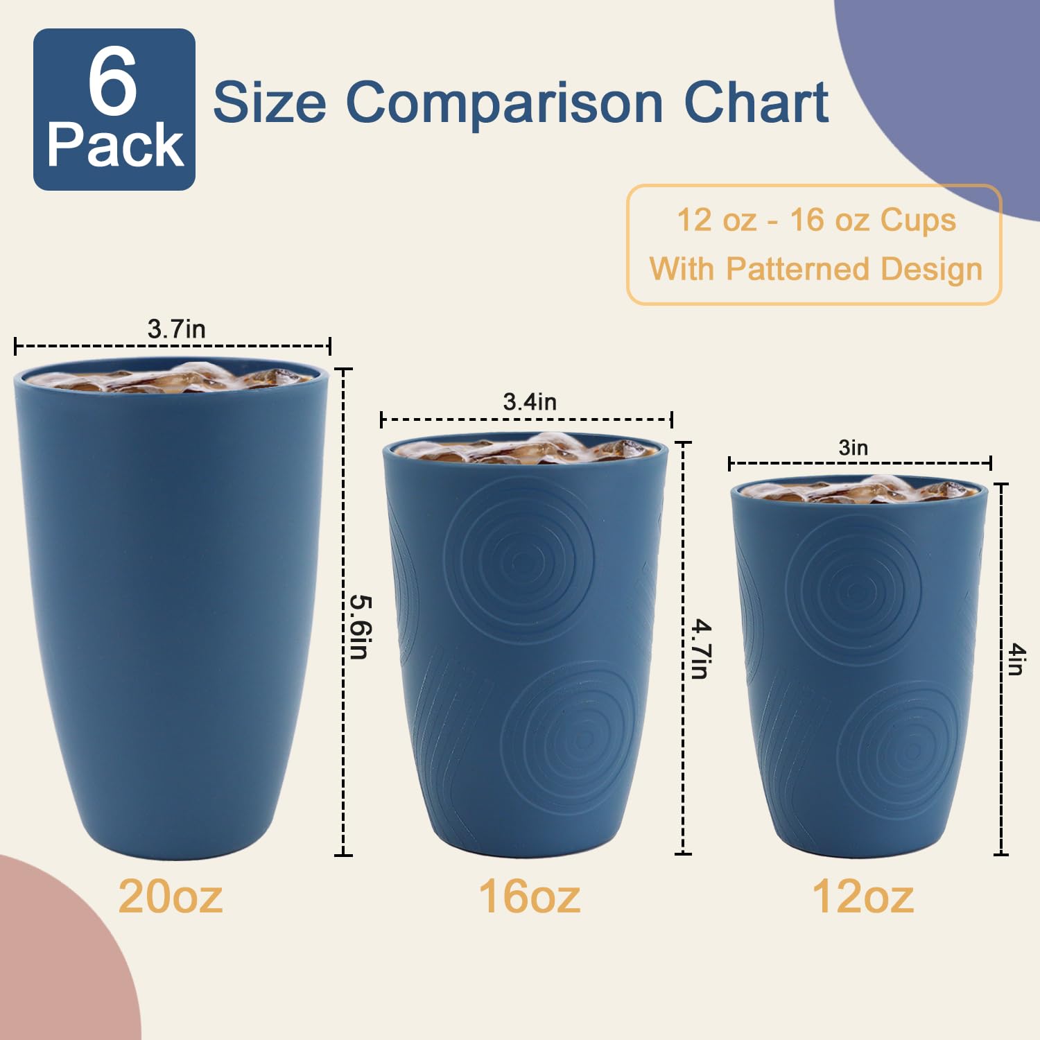 BUSOKIP 6-pack colored cups ideal for kitchens, dorms, or camping
