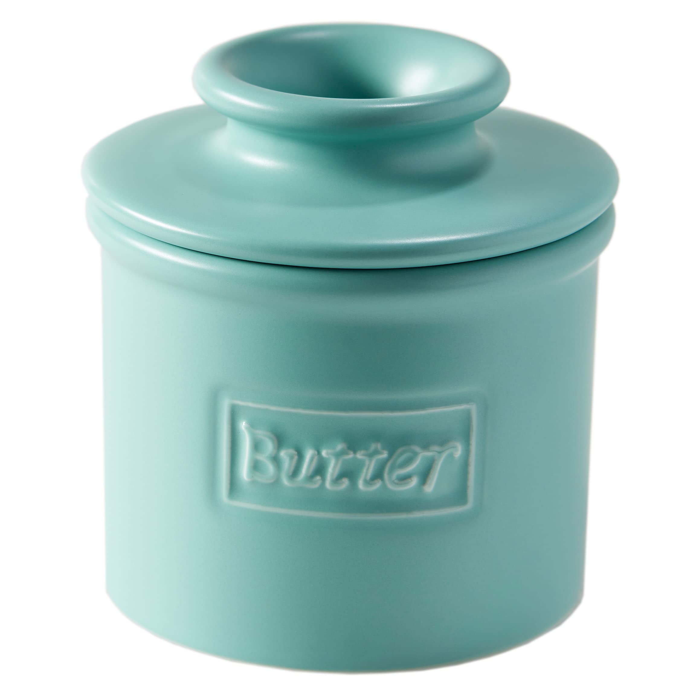 Butter Bell Aqua Café Matte crock on counter for easy butter access