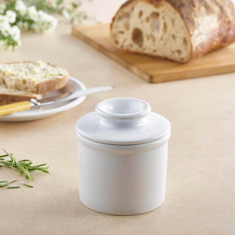 Butter Bell crock inverted lid two-piece design preserves freshness with airtight seal.