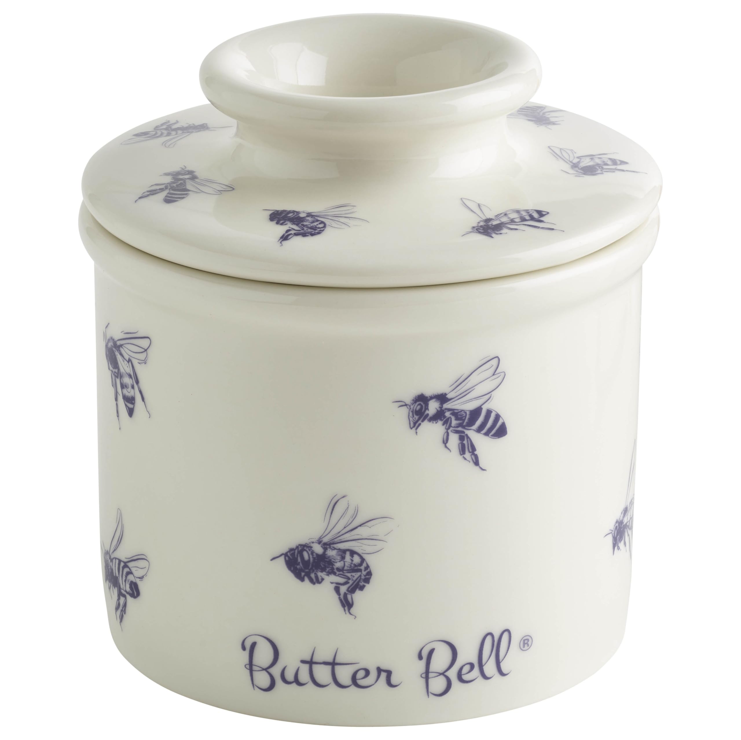 Butter Bell base with honey-bee pattern on blue and white glaze, ready for butter.