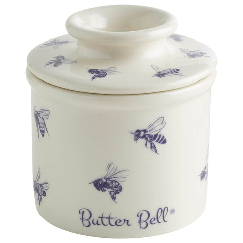 Butter Bell base with honey-bee pattern on blue and white glaze, ready for butter.