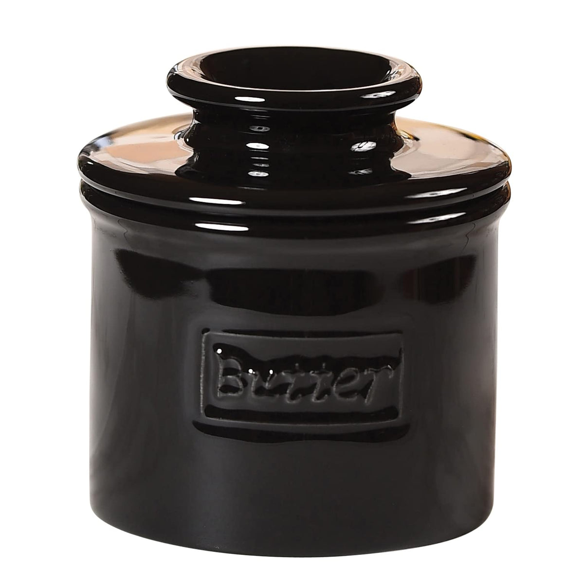 Butter Bell Midnight Black gloss crock on countertop keeps butter fresh and ready to spread.
