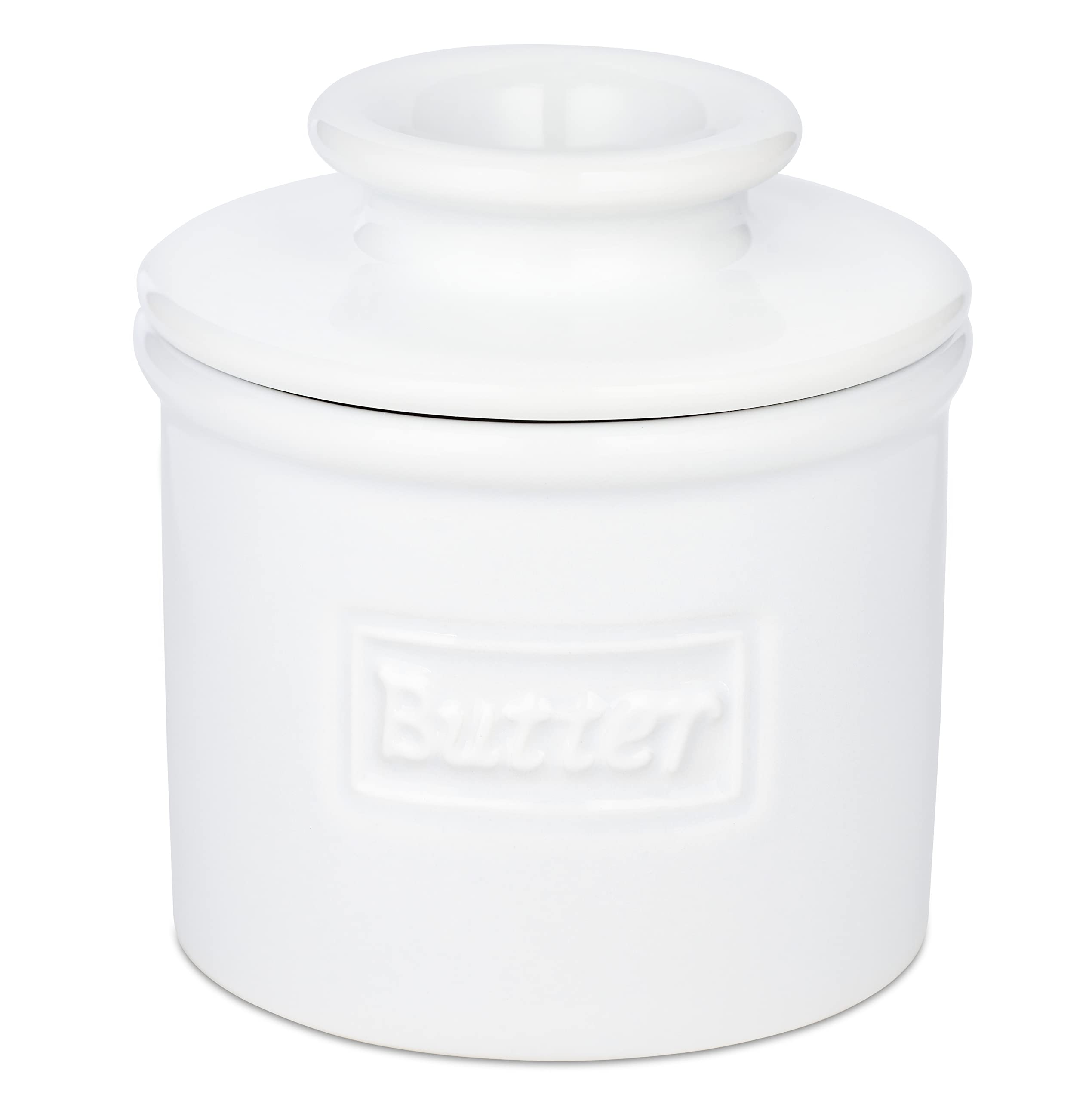 Butter Bell original crock on counter showing classic design for spreadable butter.