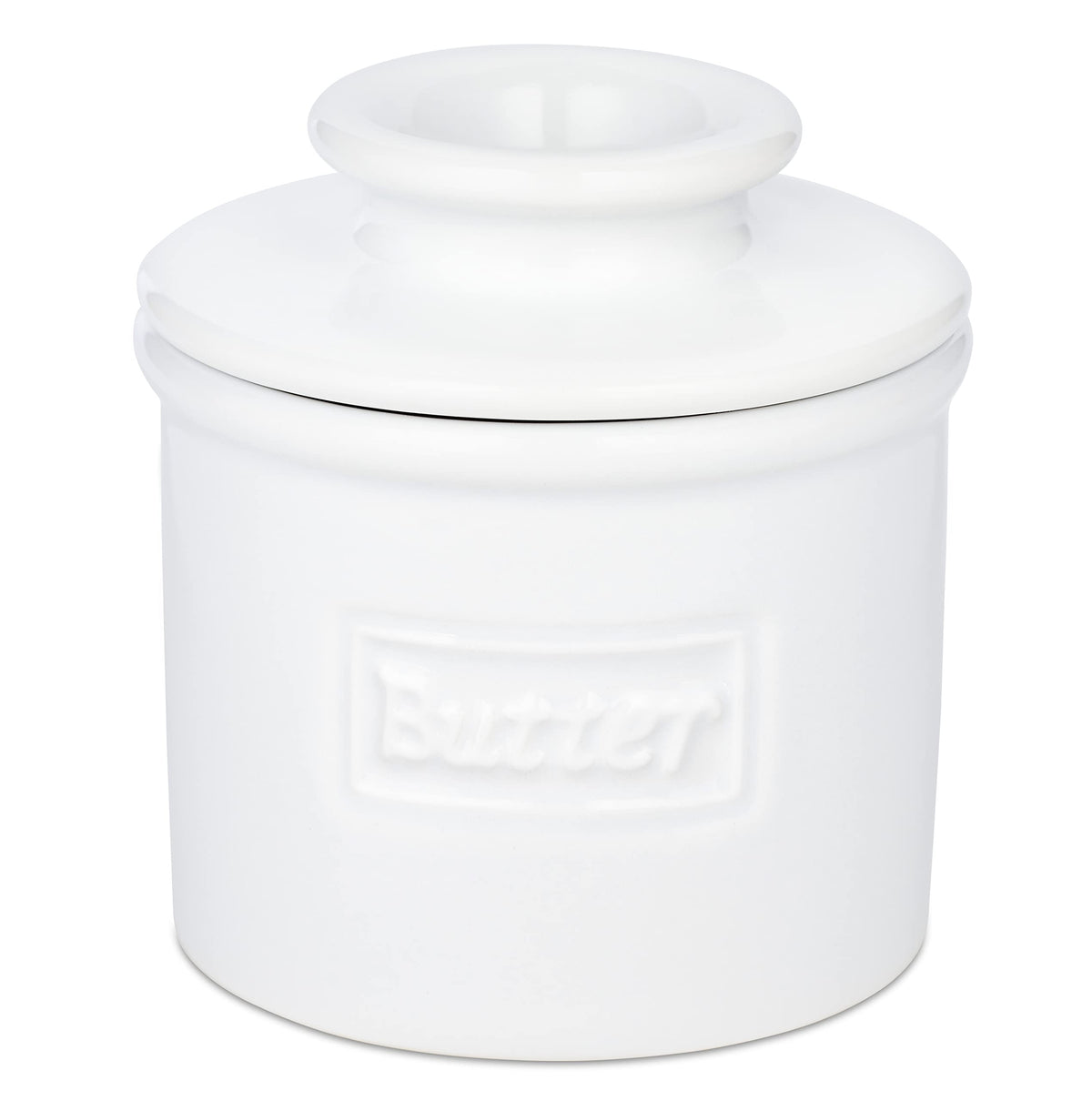 Butter Bell original crock on counter showing classic design for spreadable butter.