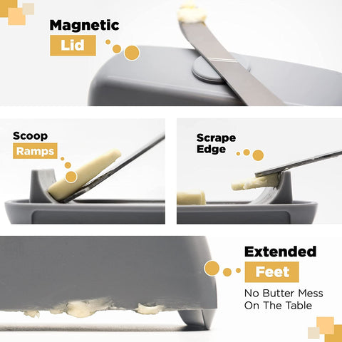 Butter Hub magnetic lid keeps knife attached for one-handed serving