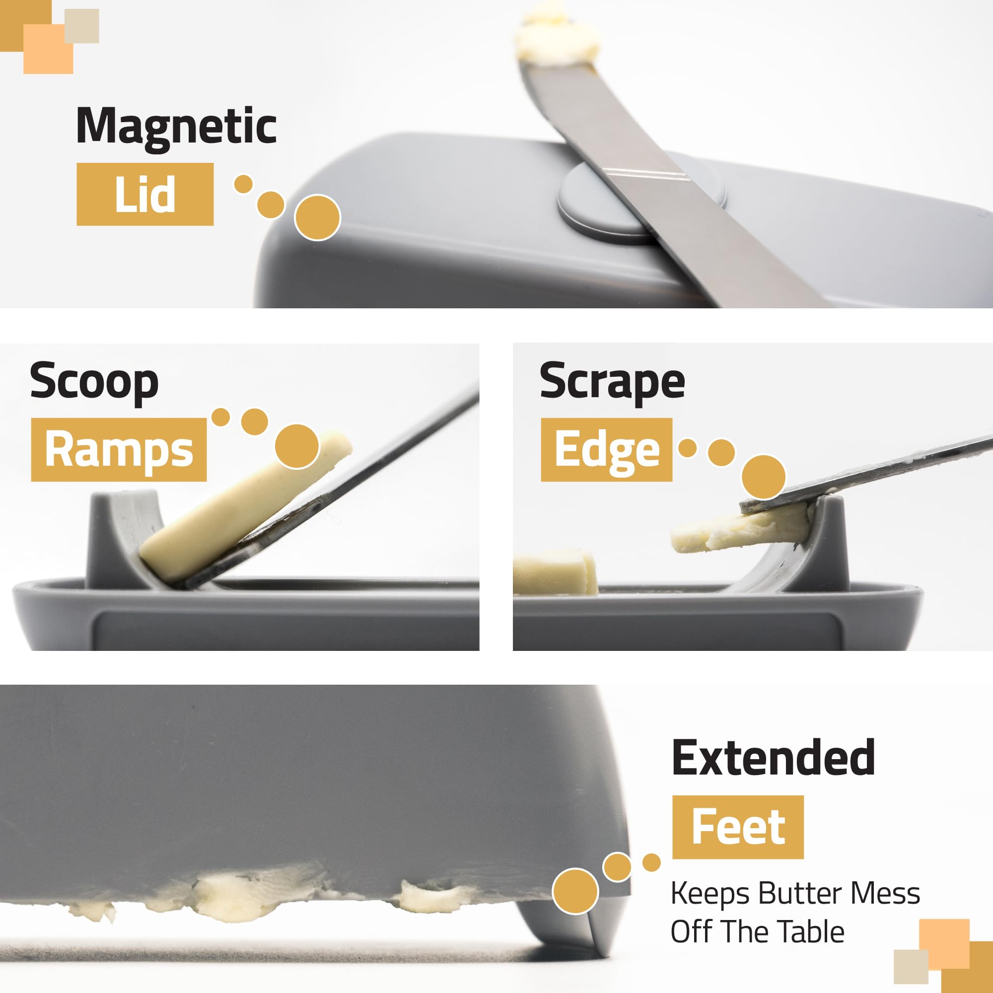 Butter Hub magnetic lid with knife enables one-handed carrying.