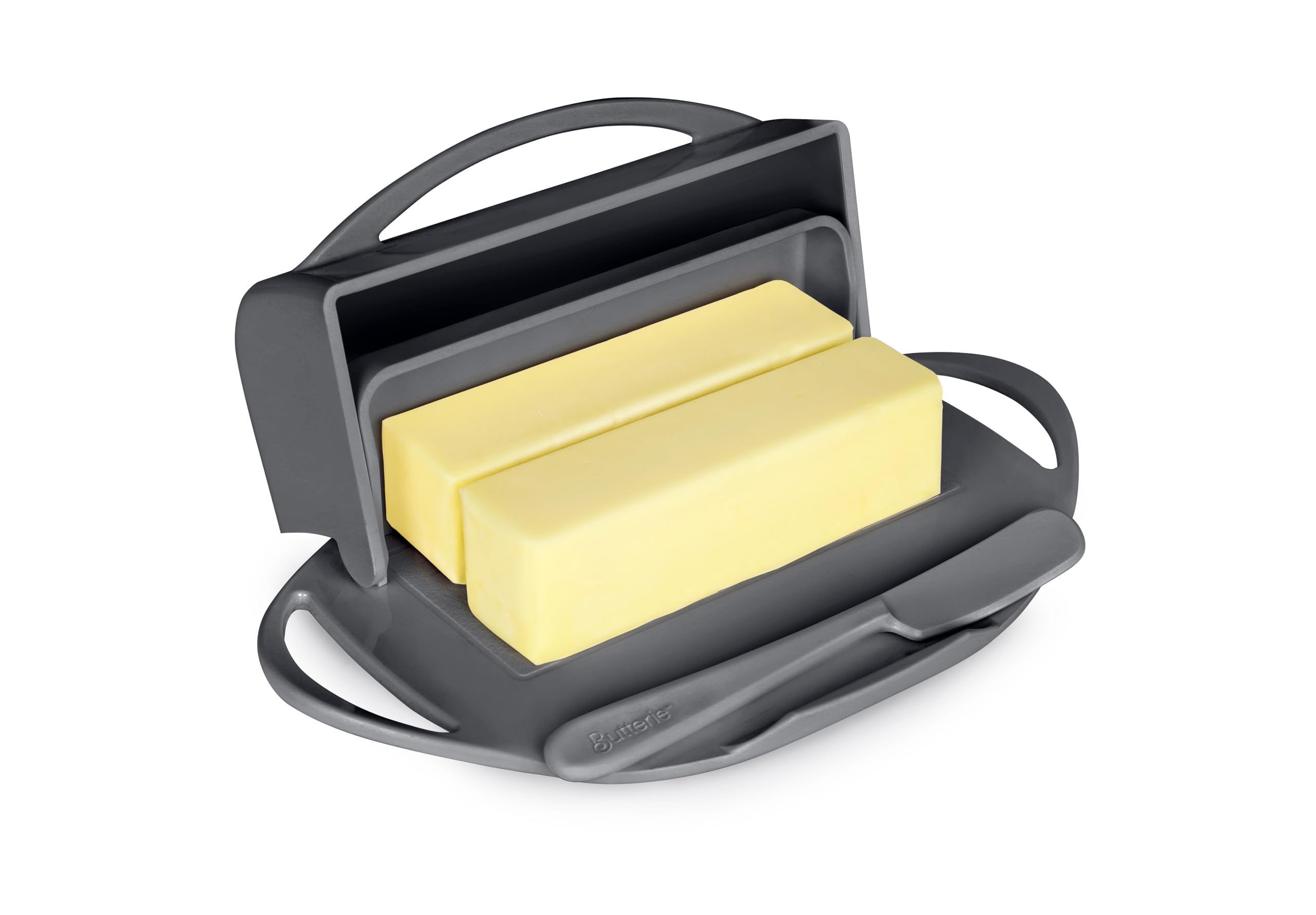 Butterie flip-top butter dish with lid on keeps butter clean and ready to spread.