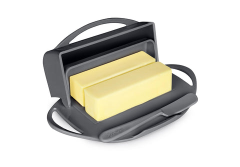 Butterie flip-top butter dish with lid on keeps butter clean and ready to spread.