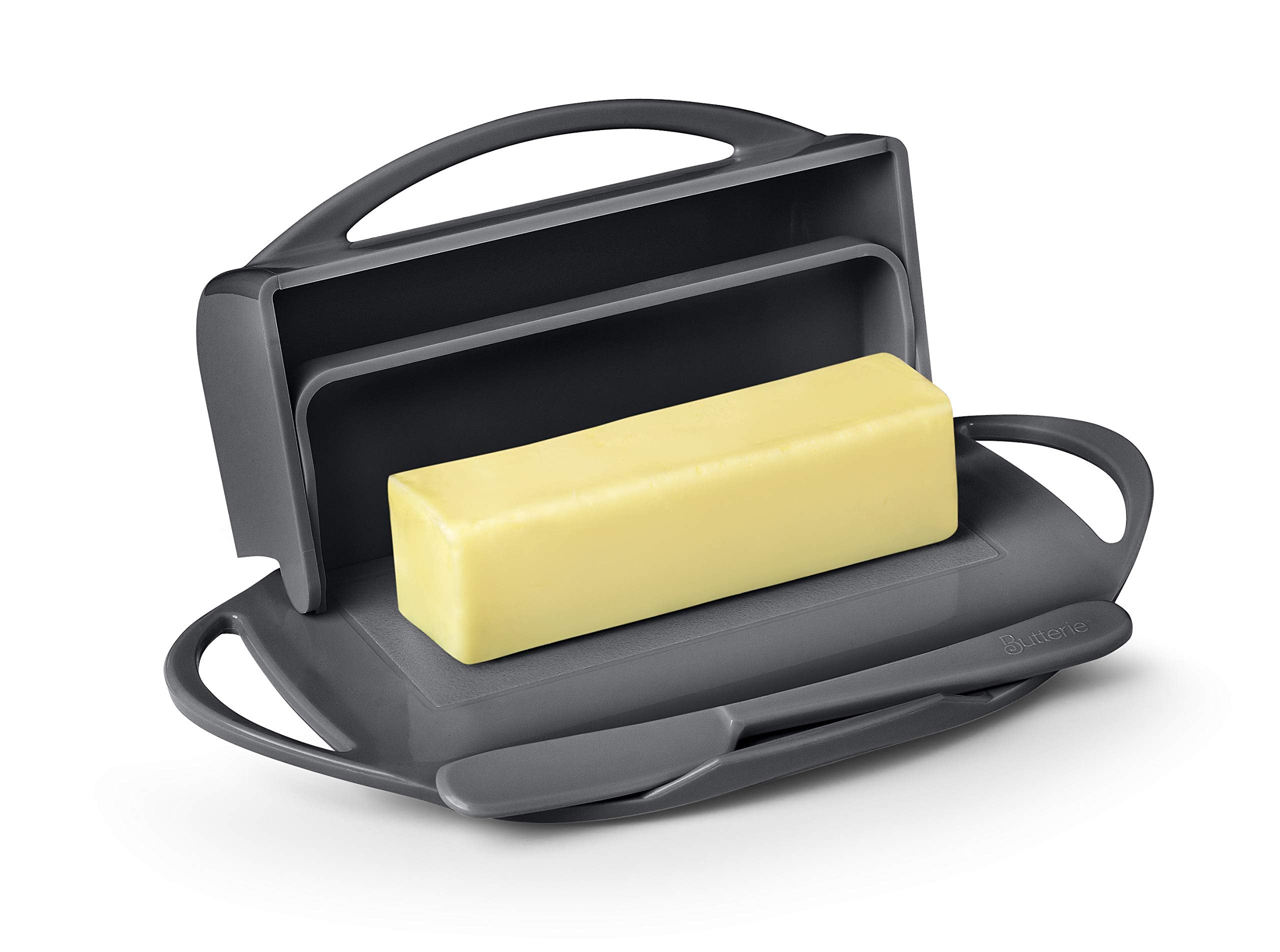 Butterie matching spreader resting in its cradle enables easy, mess-free serving.