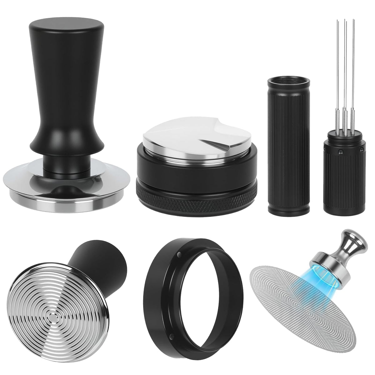 BUWILRQ 58mm spring-loaded tamper shown in use with consistent pressure for balanced extraction