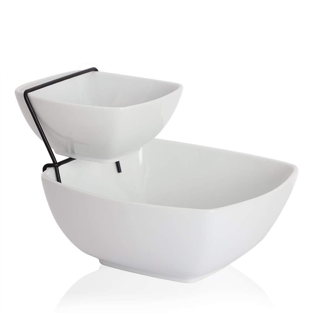 Buyajuju chip and dip 2-tier stand with large bowl for party display.