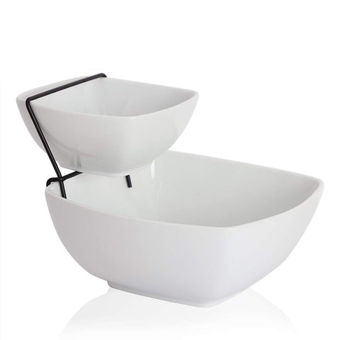 Buyajuju chip and dip 2-tier stand with large bowl for party display.