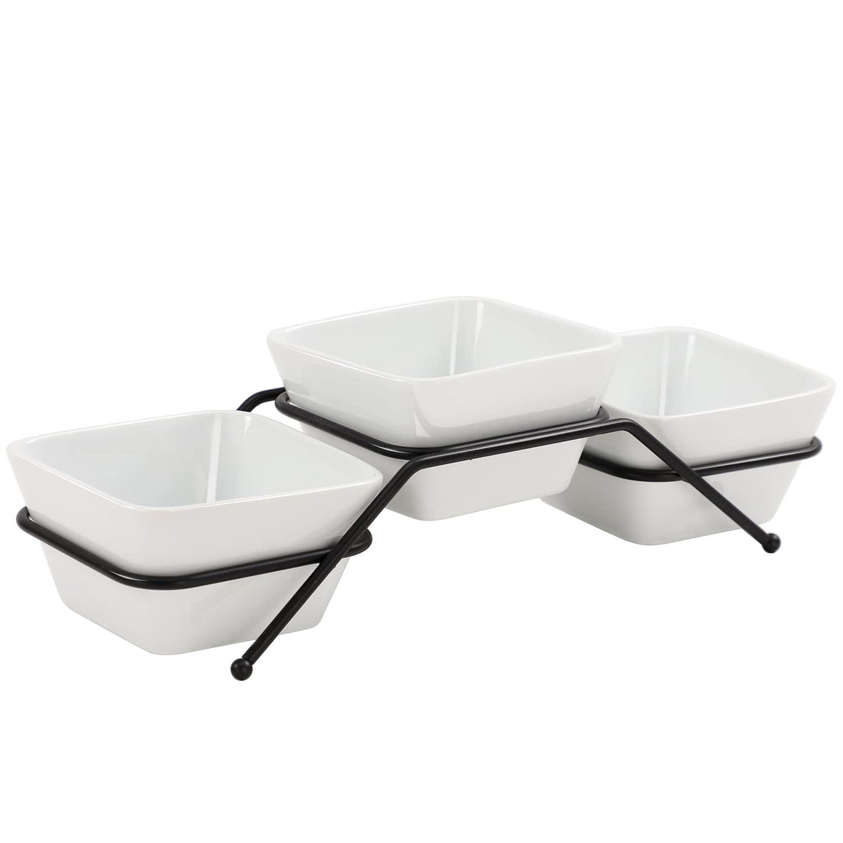 Buyajuju square porcelain bowls with black stand for elegant serving.