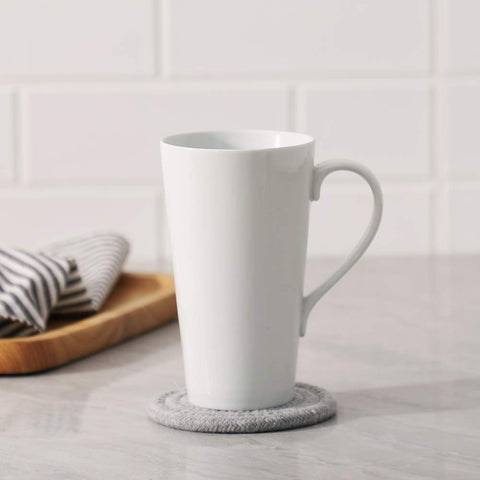 Buyajuju white porcelain mugs, elegant 16oz table display.