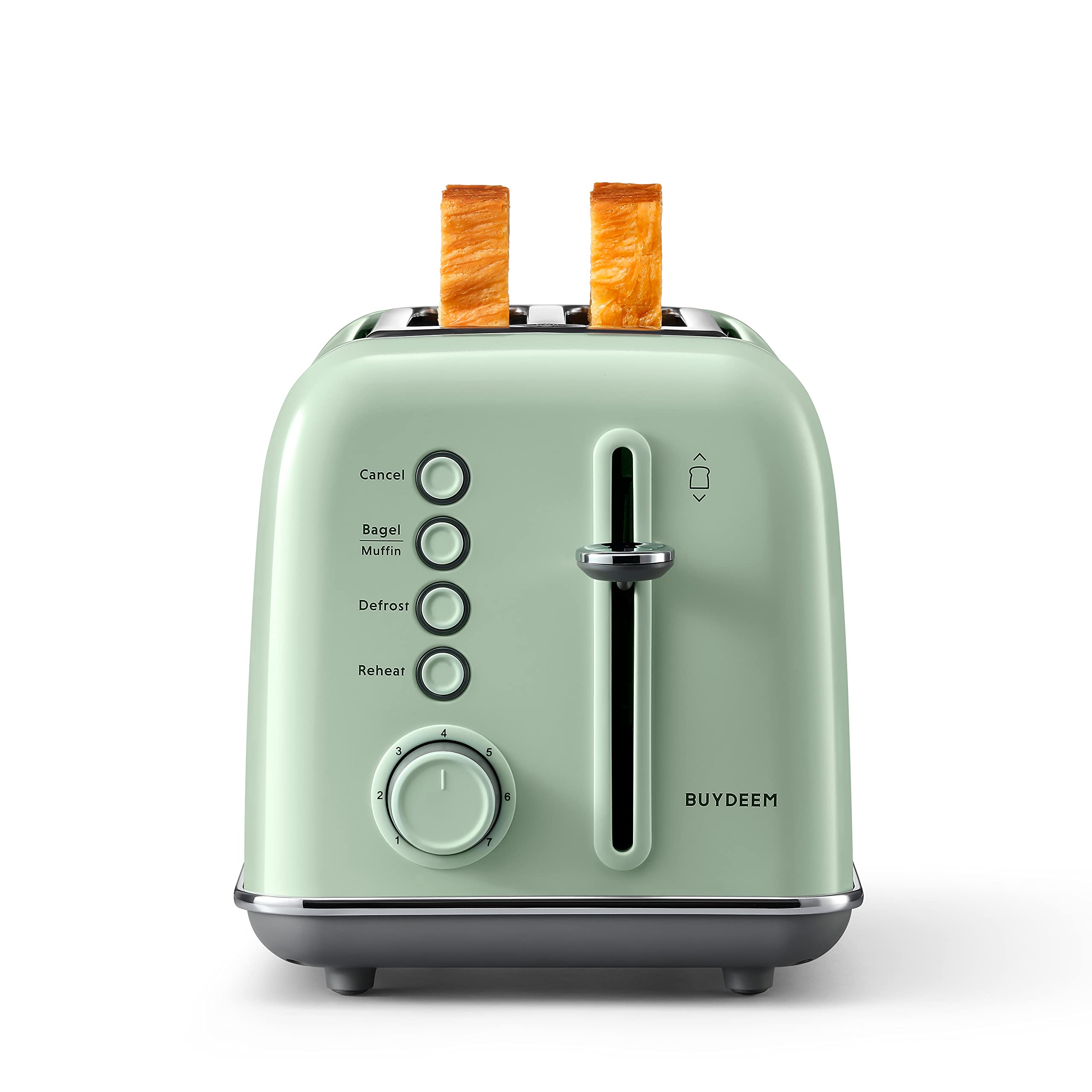 BUYDEEM DT620 toaster front view showcases a compact retro stainless design ideal for small kitchens