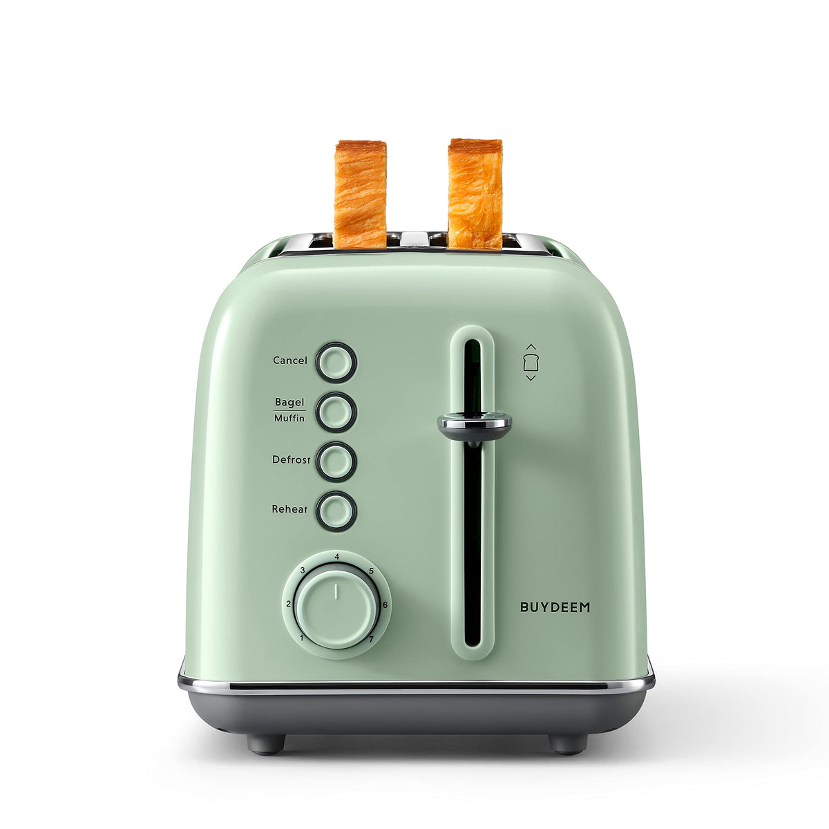 BUYDEEM DT620 toaster front view showcases a compact retro stainless design ideal for small kitchens