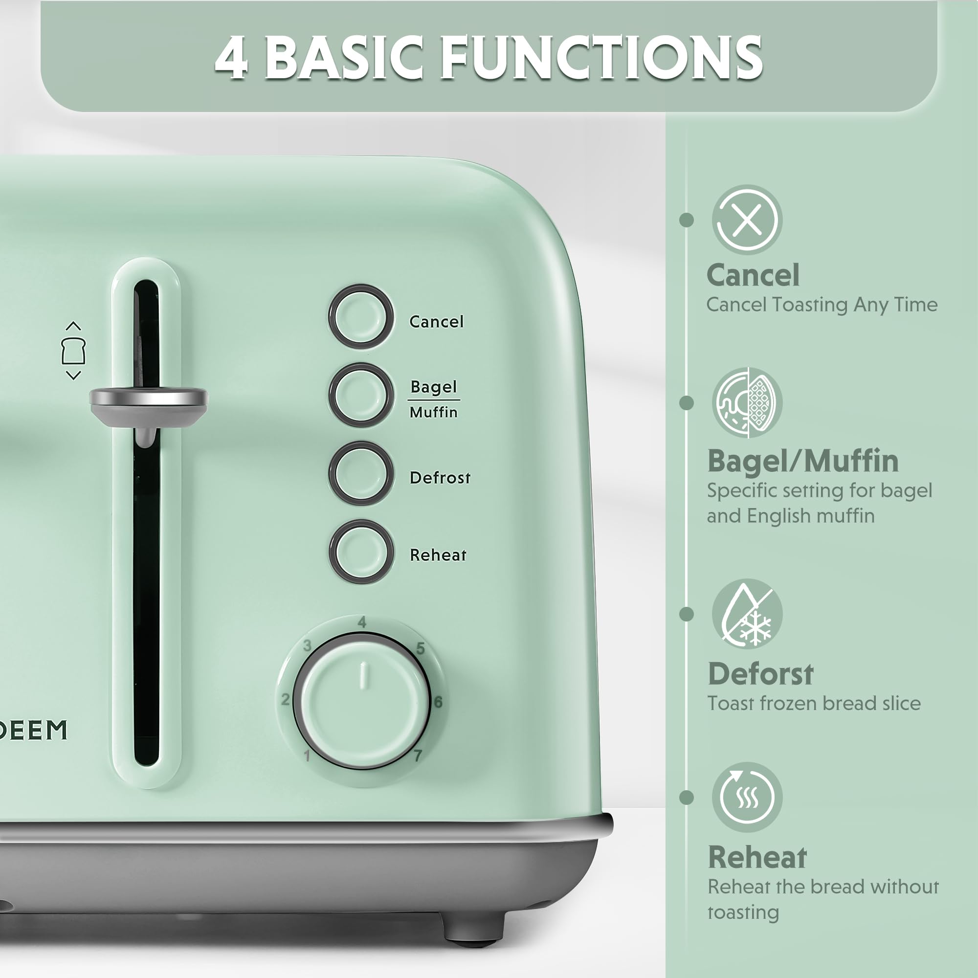 BUYDEEM DT640 retro green toaster with 4-wide slots for bagels and muffins