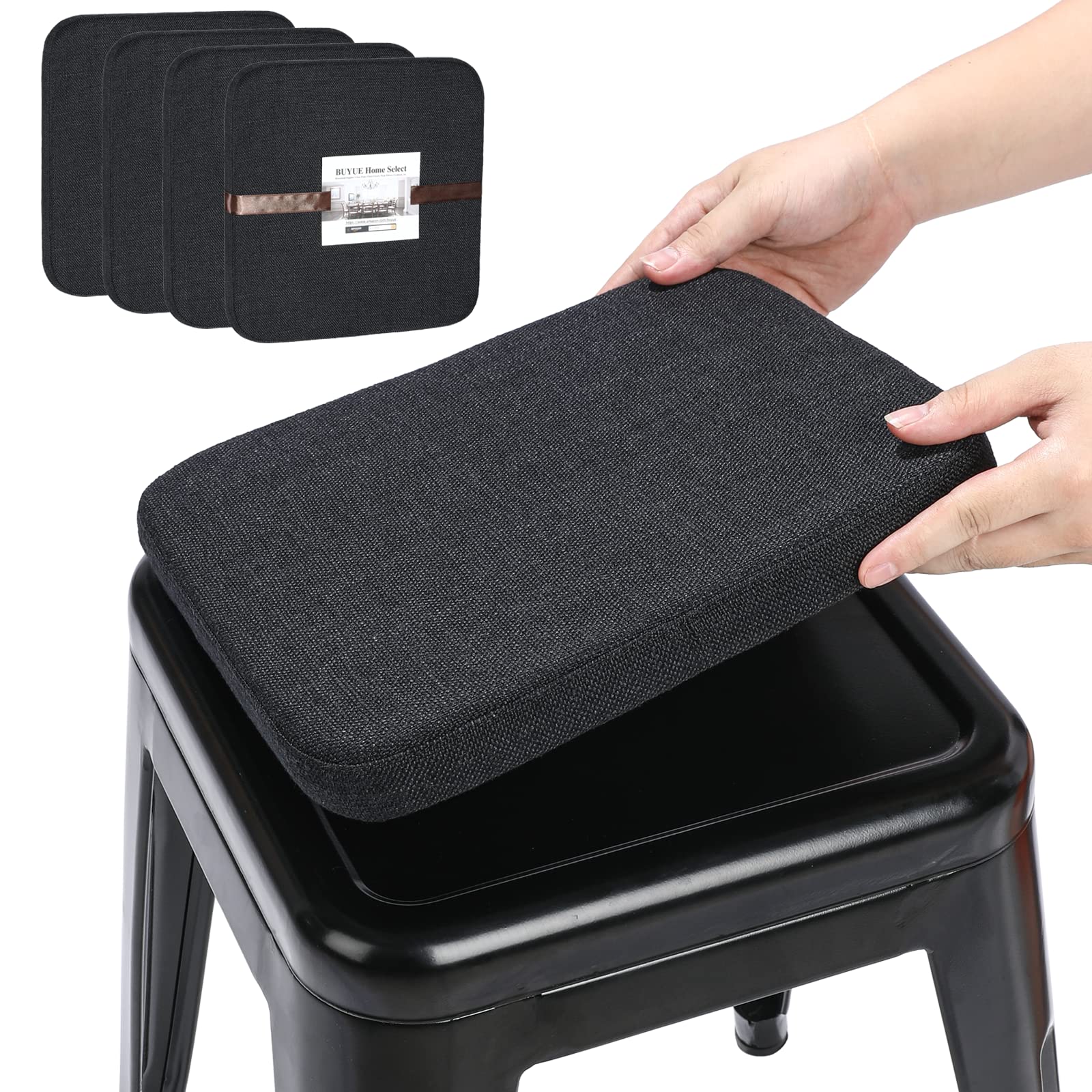BUYUE square black linen bar stool cushion with magnetic attachment for secure metal-chair seating