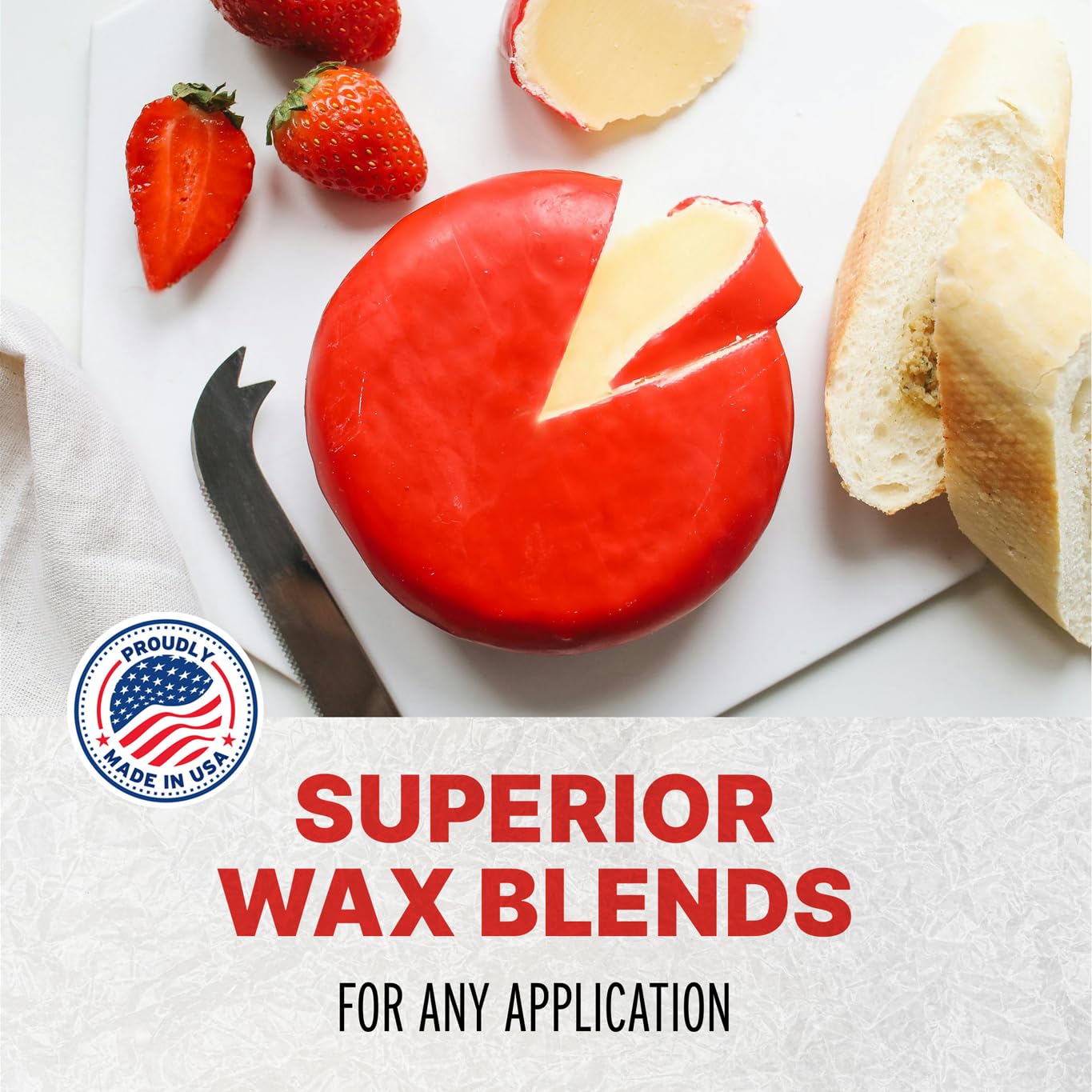 BW Blended Waxes cheese wax block on kitchen setup suggesting home cheesemaking convenience.