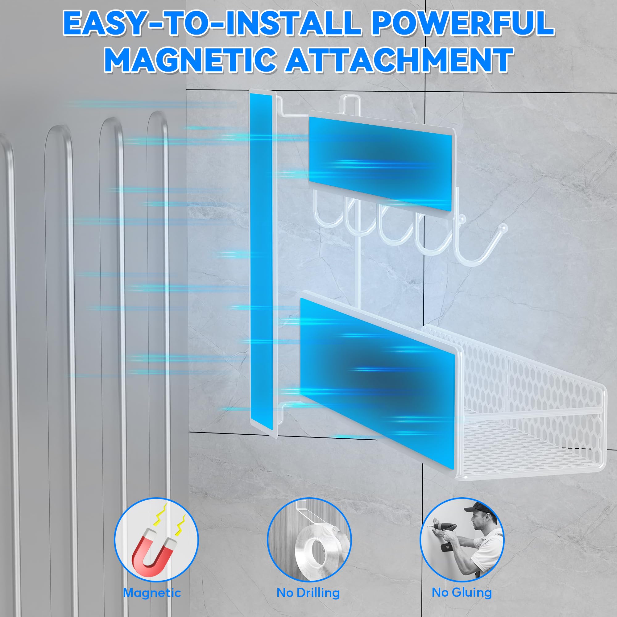 Bwesdero laundry shelf holding detergent bottles and dryer sheets