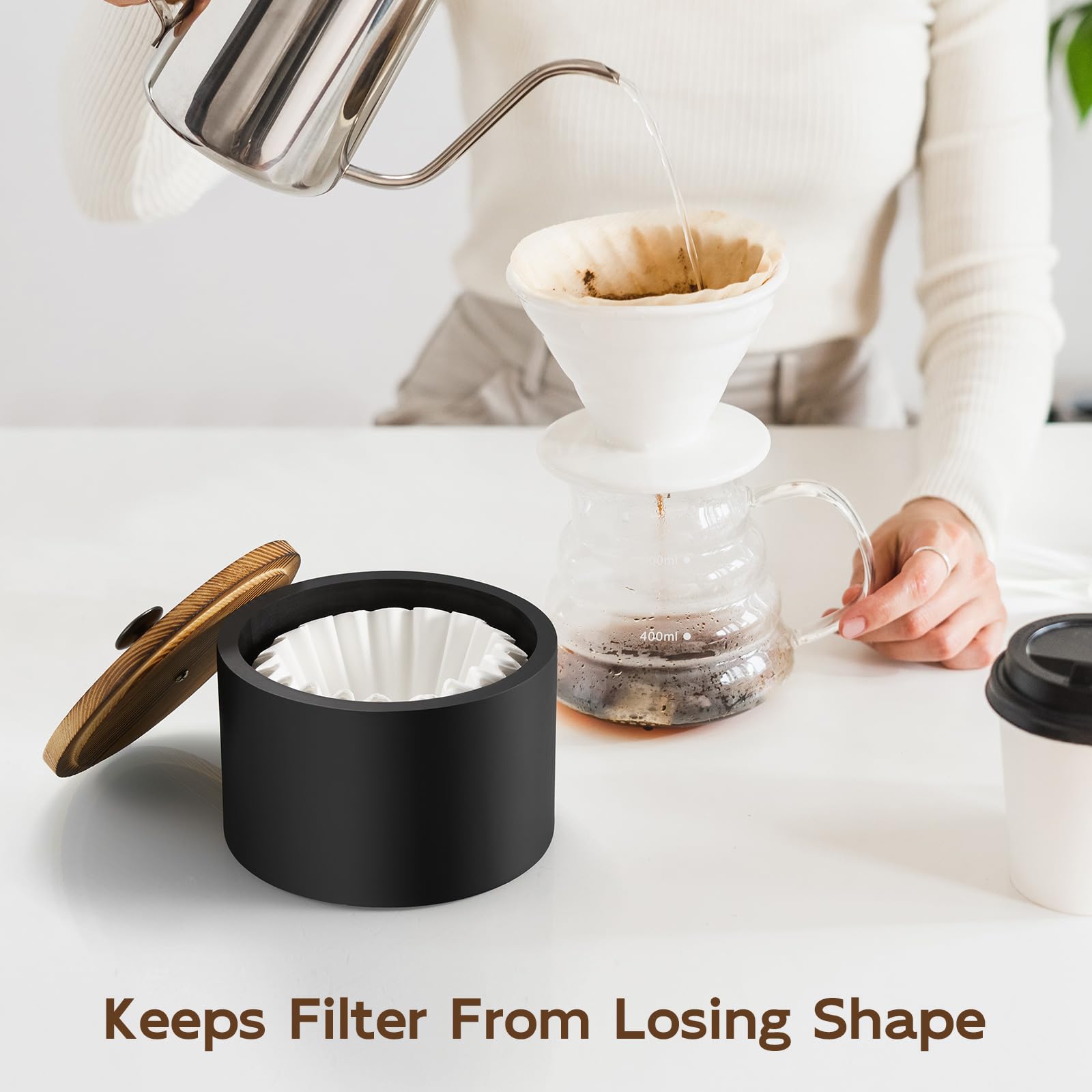BWODYAY filter storage container on the counter shields from dust and moisture