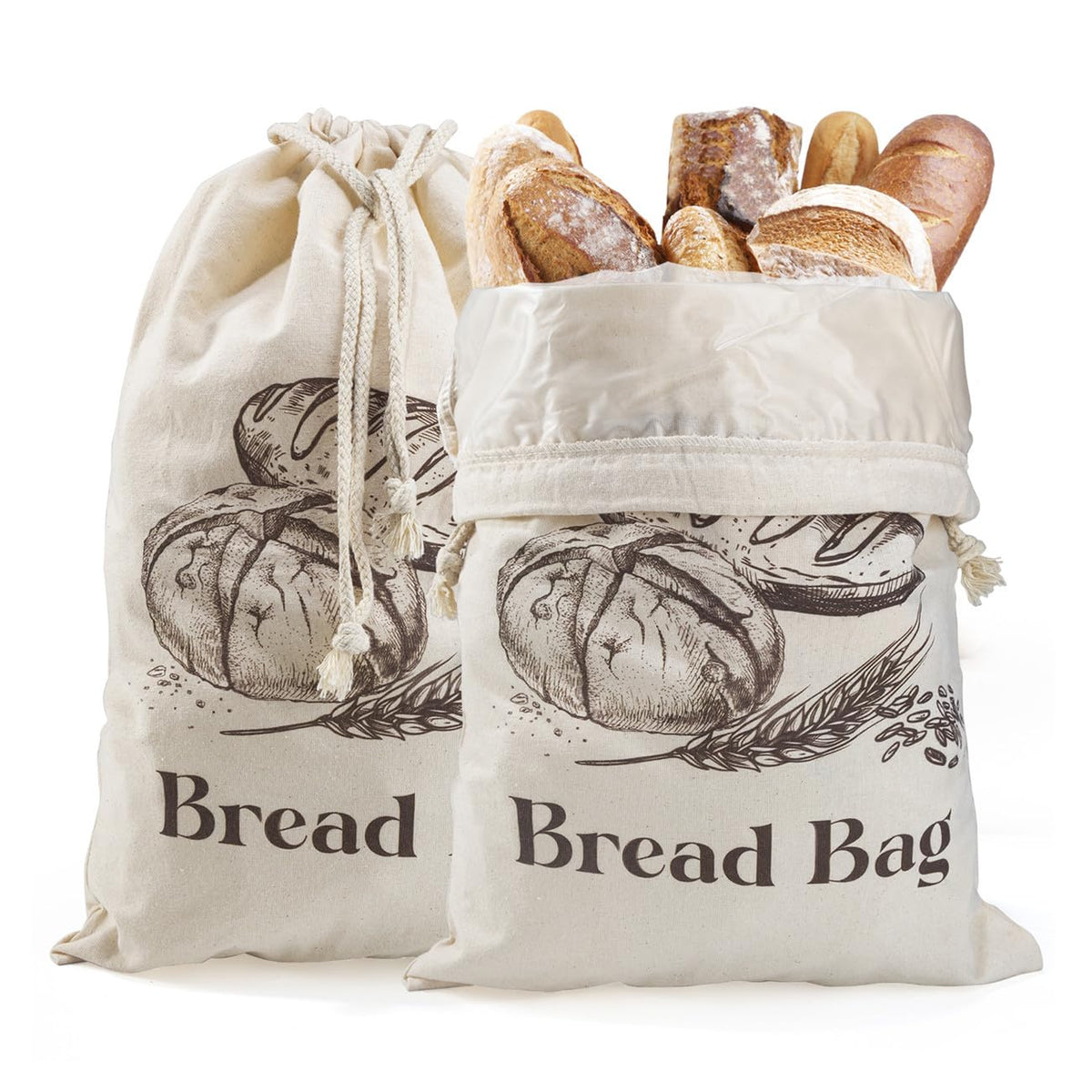 BXFRAE 2-pack XL cotton bread bags for reusable loaf storage and organization.