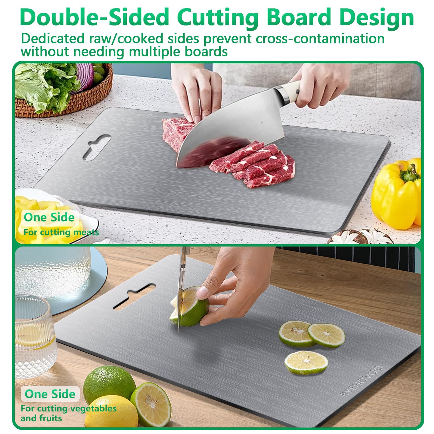 BYEHOVOO titanium cutting board knife-friendly surface protects blades.