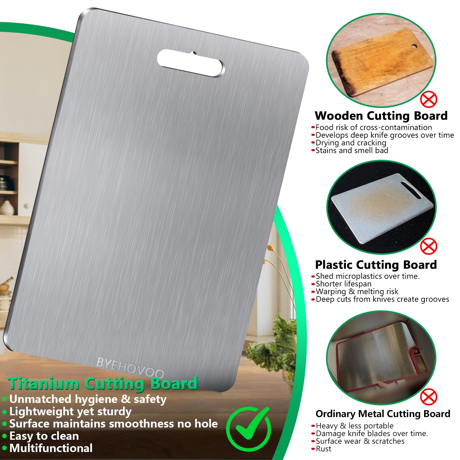 BYEHOVOO titanium cutting board large double-sided, spacious prep area for raw and cooked foods.