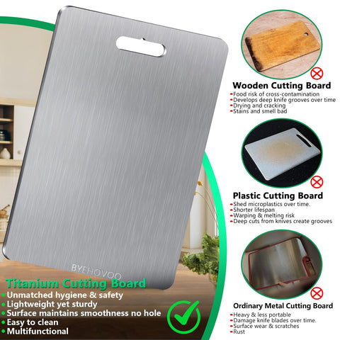 BYEHOVOO titanium cutting board large double-sided, spacious prep area for raw and cooked foods.