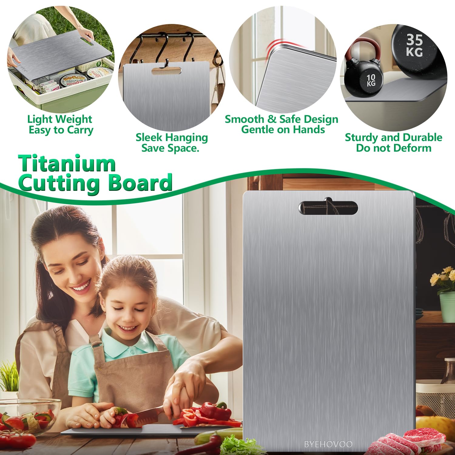 BYEHOVOO titanium cutting board middle double-sided, ideal for meats and produce.