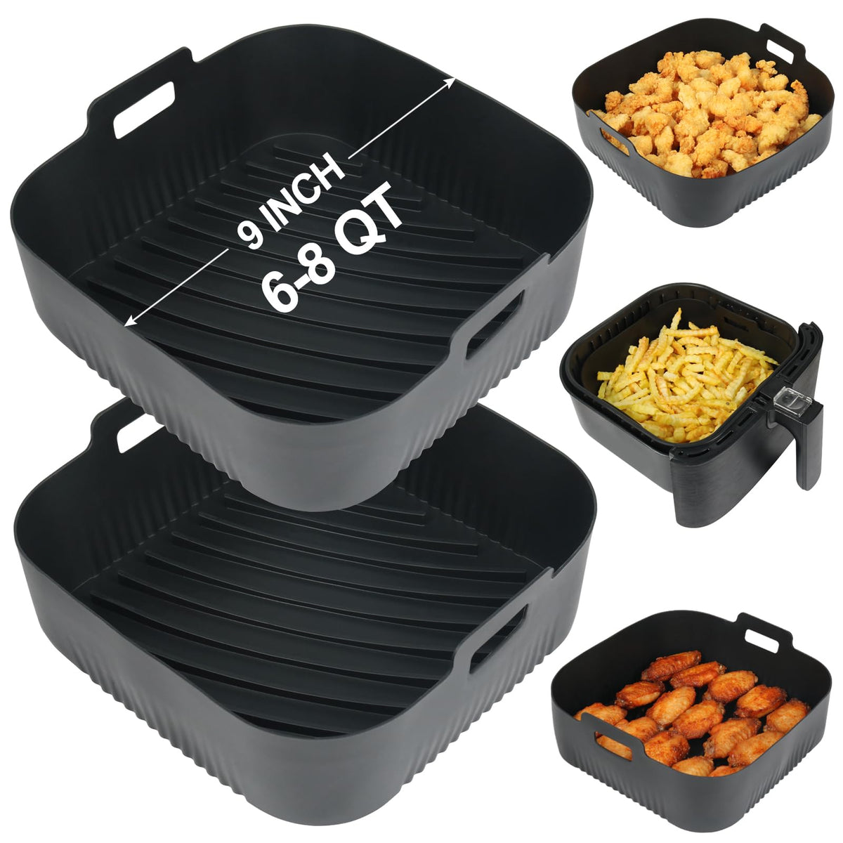 BYKITCHEN 9-inch square silicone liner, front view, keeps the air fryer clean and easy release.