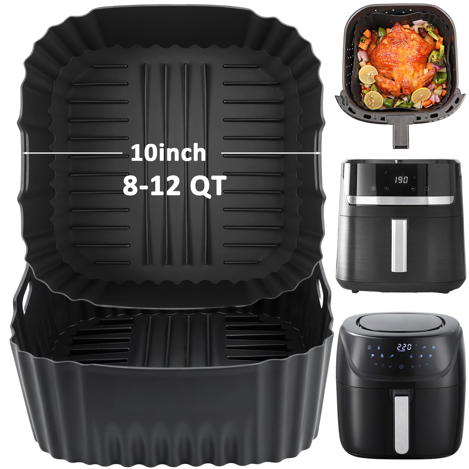 BYKITCHEN 10-inch silicone air fryer liner in-use to keep grease away for easy cleaning.