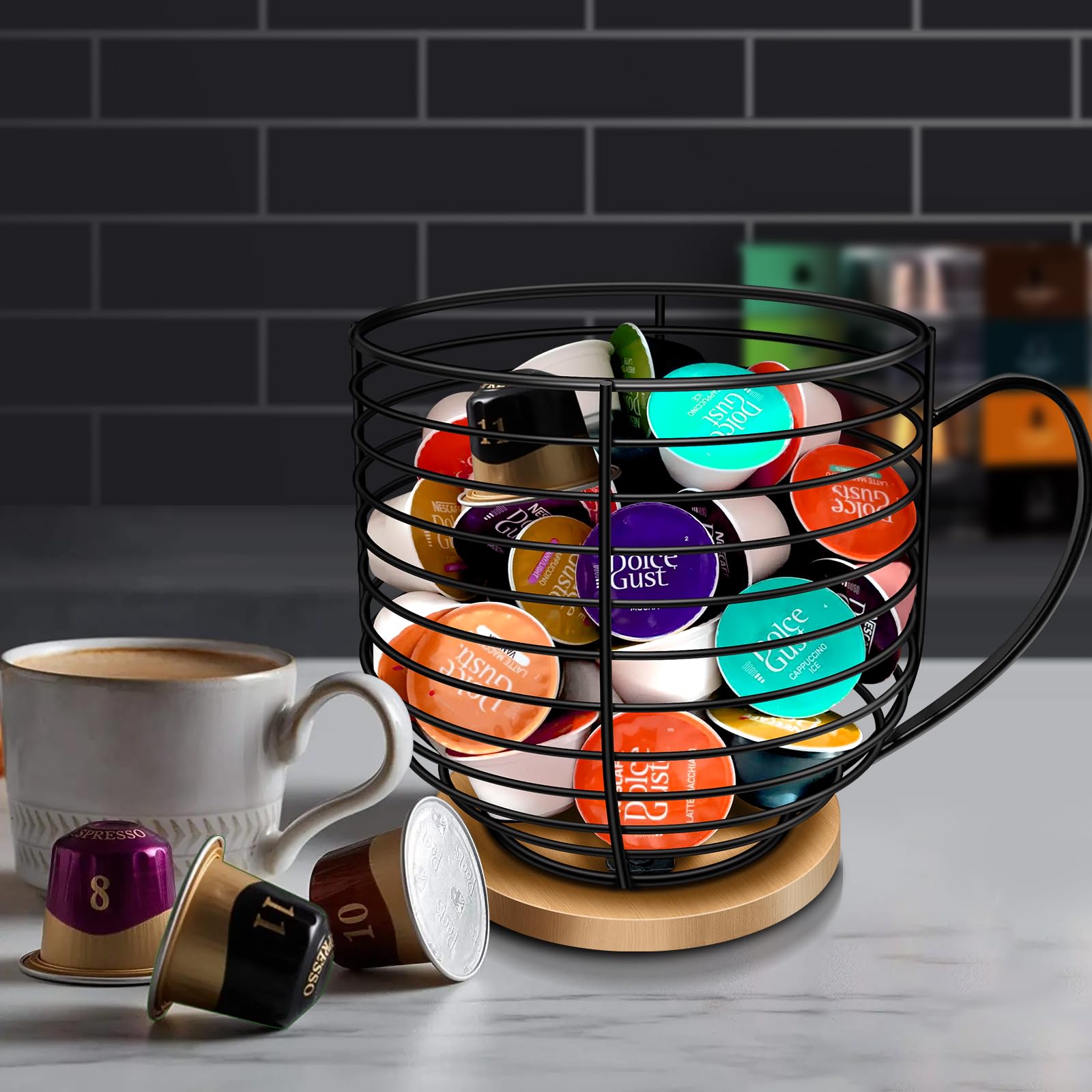 BYTEAIDREX black wire K-Cup organizer on kitchen counter saves space and declutters.