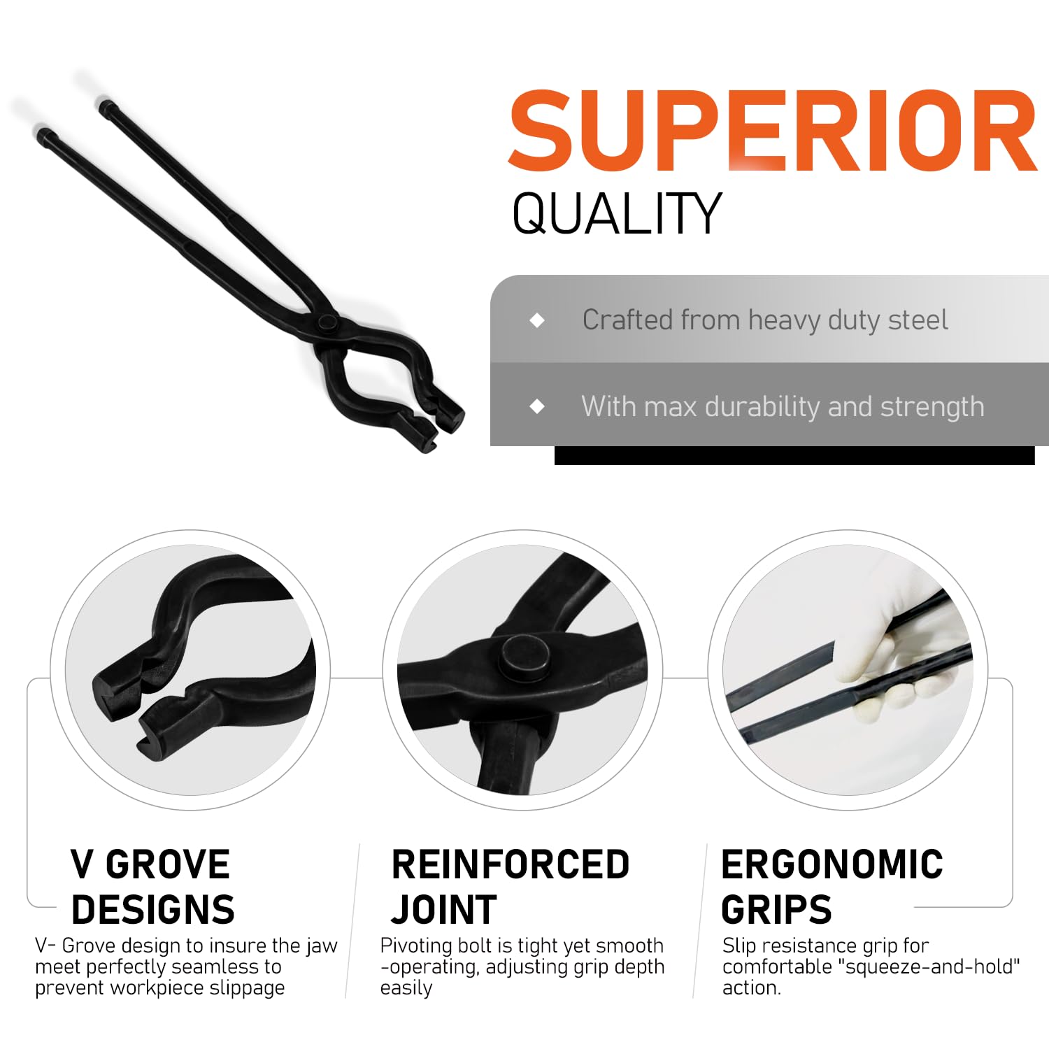 Bzsunway 17-inch V-Bit Bolt Tongs assembly image highlighting sturdy pivot bolt.