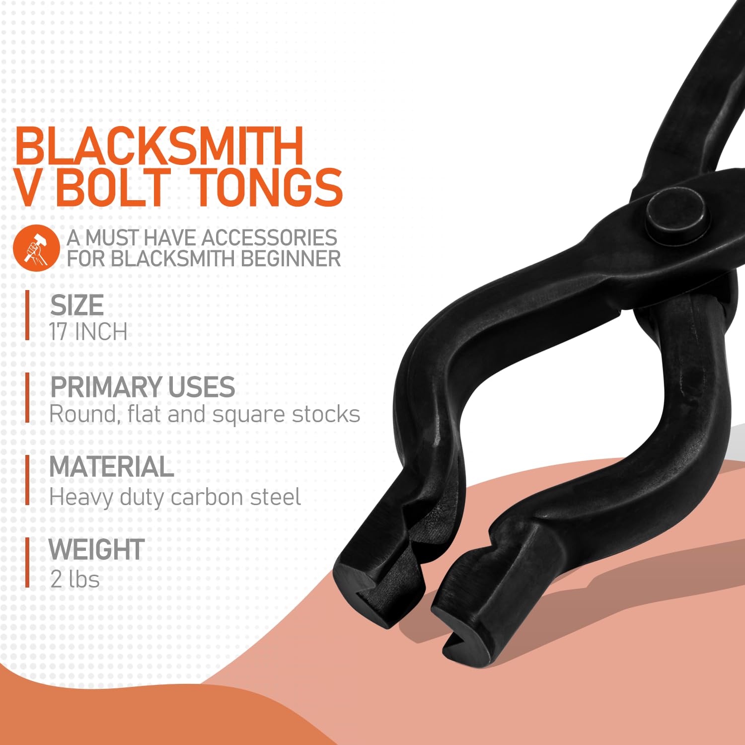 Bzsunway 17-inch V-Bit Bolt Tongs clamping action demonstrating secure grip for round stock.