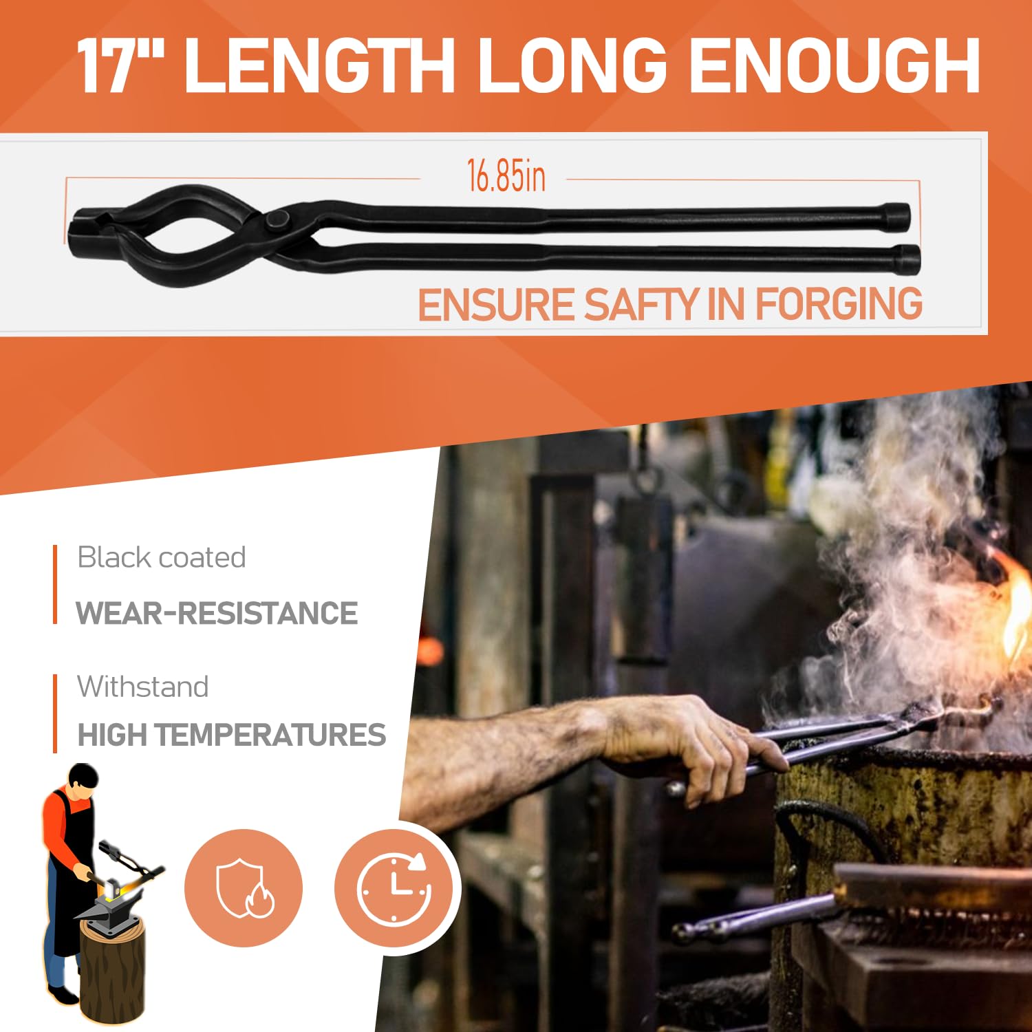 Bzsunway 17-inch V-Bit Bolt Tongs for forging setups in workshop environments.