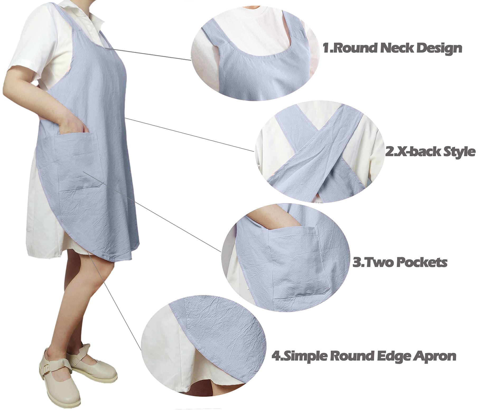 Caatoor blue cross-back detail showcases secure fit during cooking.