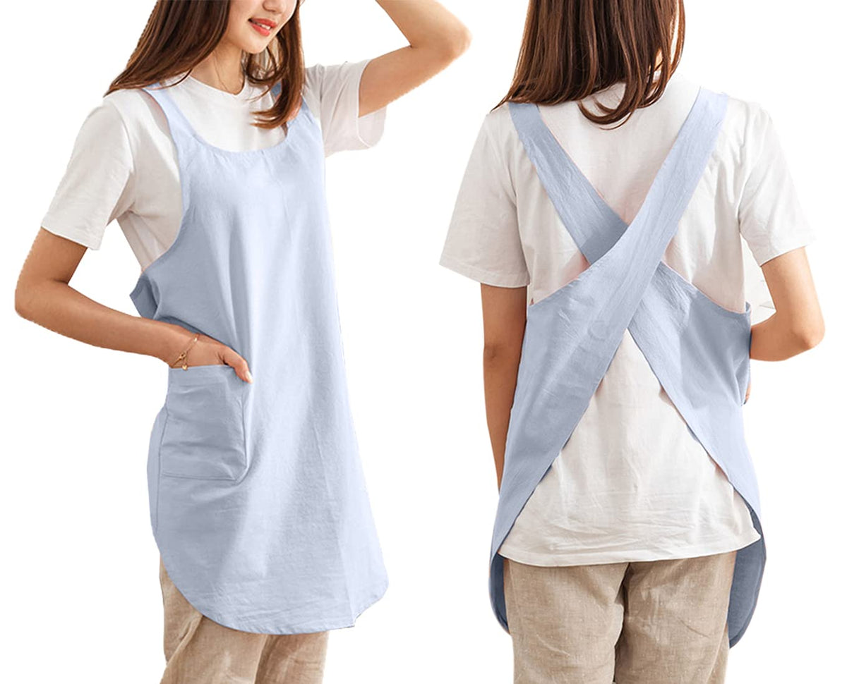 Caatoor cotton cross-back apron in blue, full view for kitchen and garden use.