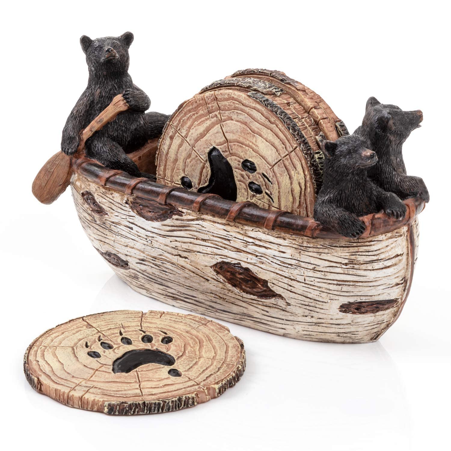 Cabin Obsession bear coaster set in a handmade canoe adds rustic flair