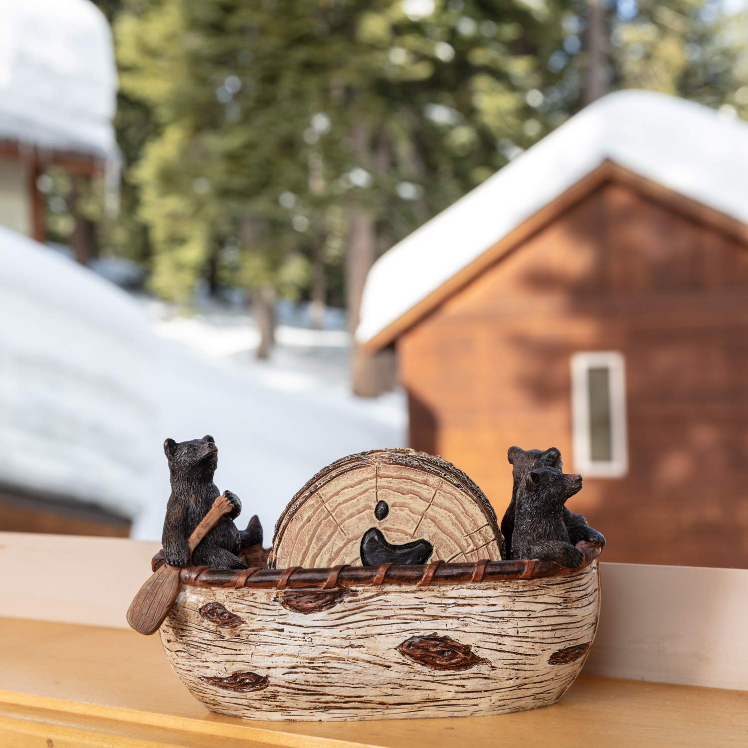 Cabin Obsession bear figurine coaster canoe detail